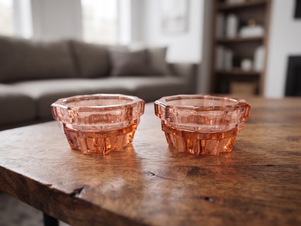 Pair Vintage Whitehall Candle Indiana Glass Pink Peach Candle Holders
